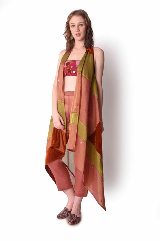 Patchwork Tissue Jacket Paired With Bustier And Pants