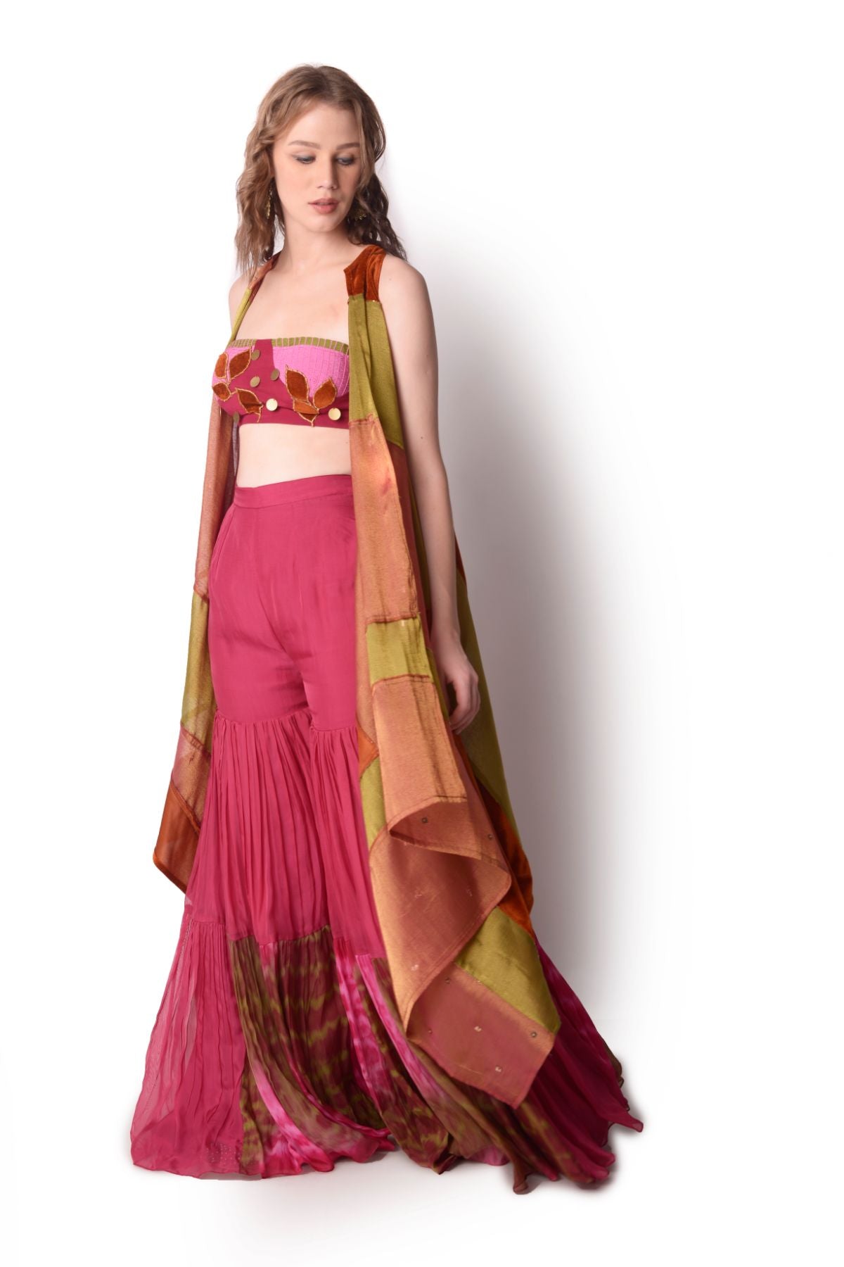 Patchwork Tissue Jacket Paired With Sharara Set