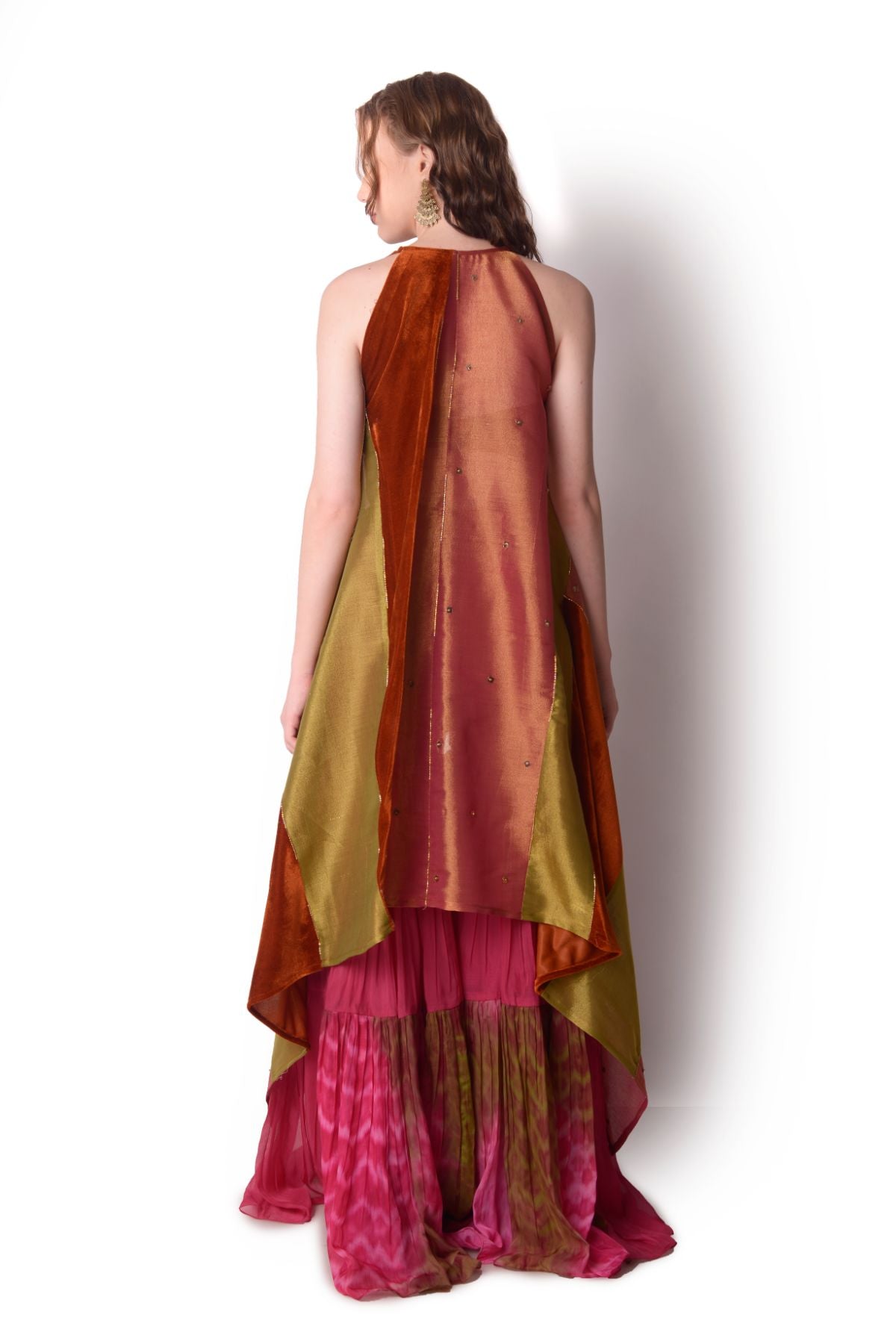 Patchwork Tissue Jacket Paired With Sharara Set