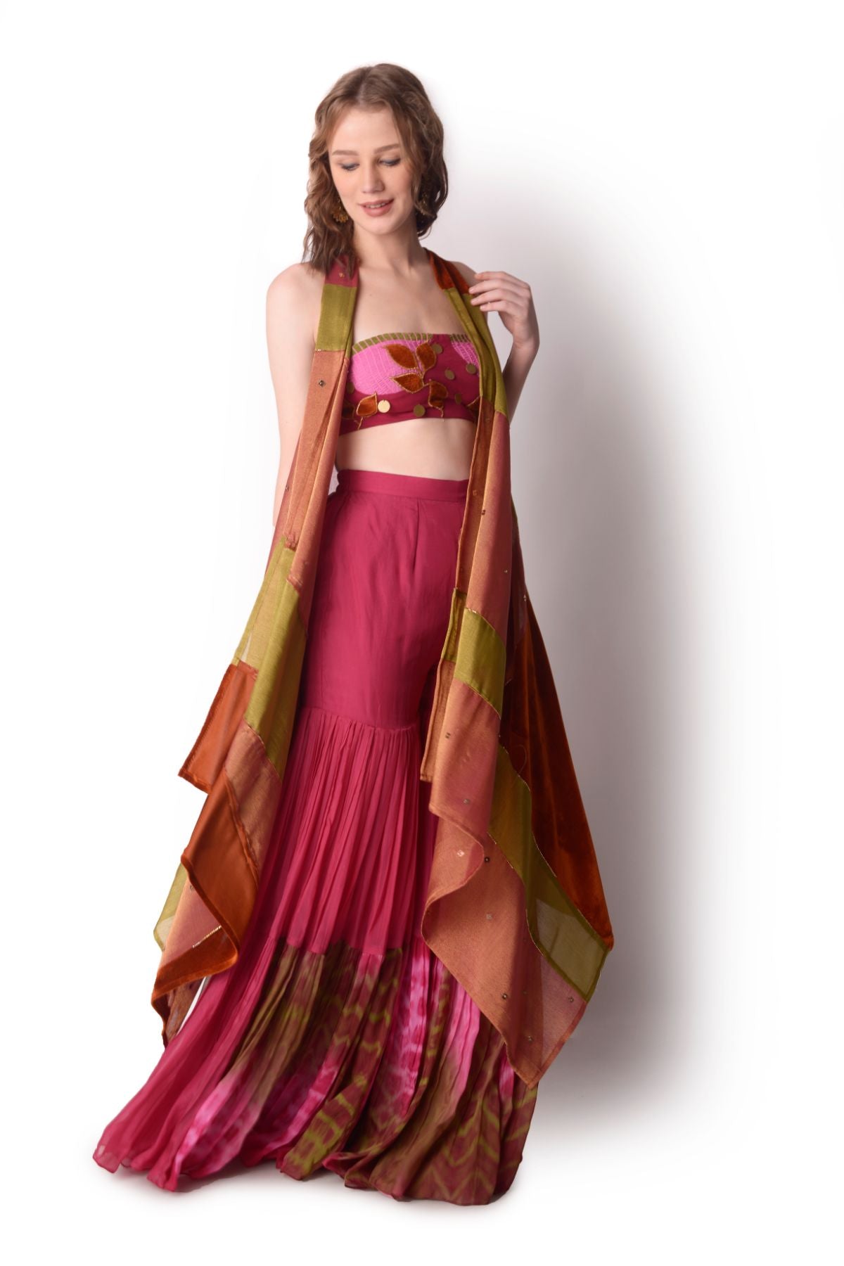 Patchwork Tissue Jacket Paired With Sharara Set