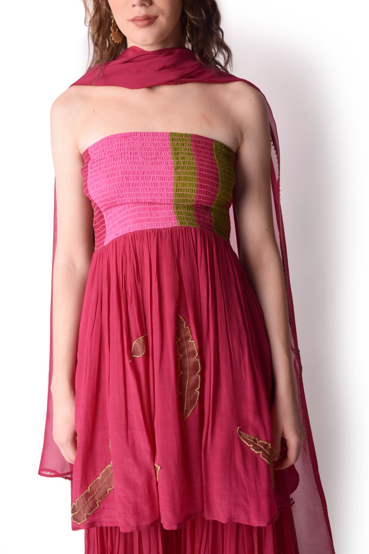 Patchwork Smocking Peplum Top With Tie-dye Sharara Set