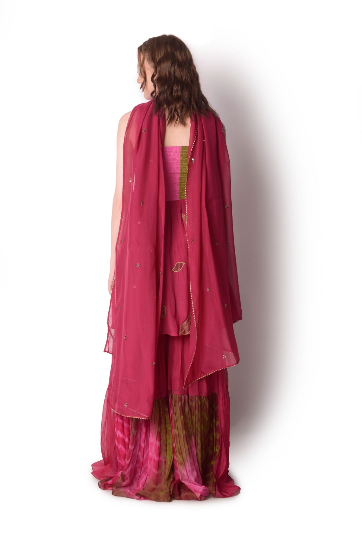 Patchwork Smocking Peplum Top With Tie-dye Sharara Set