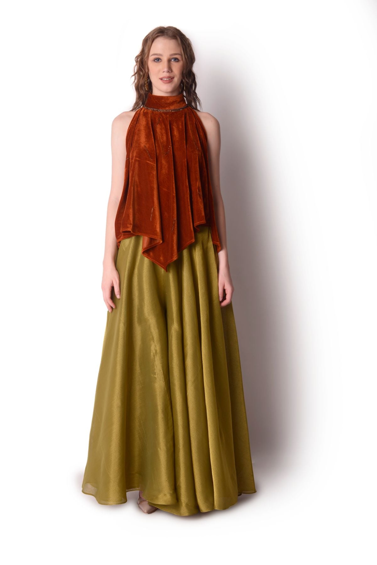 Embroidered Velvet Handkerchief Top With Tissue Bias Sharara