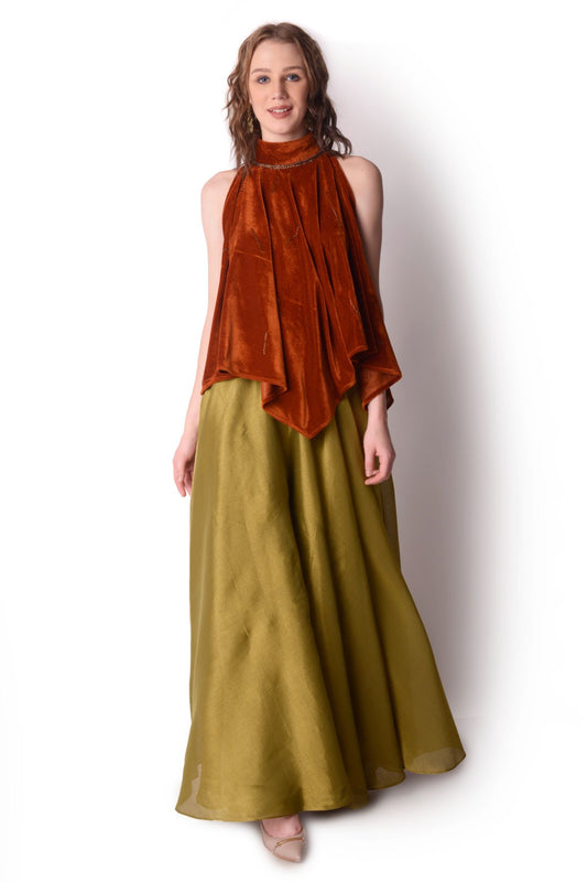 Embroidered Velvet Handkerchief Top With Tissue Bias Sharara