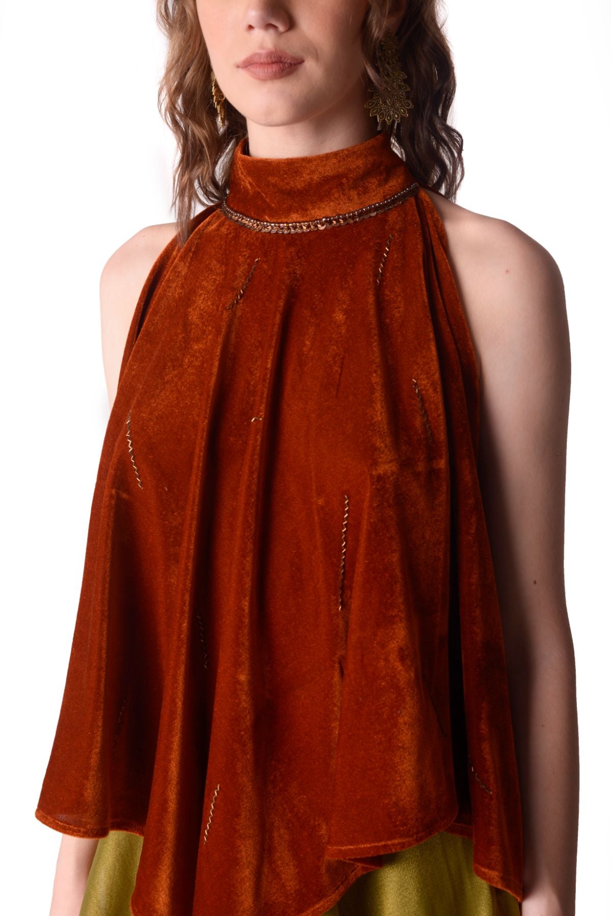 Embroidered Velvet Handkerchief Top With Tissue Bias Sharara