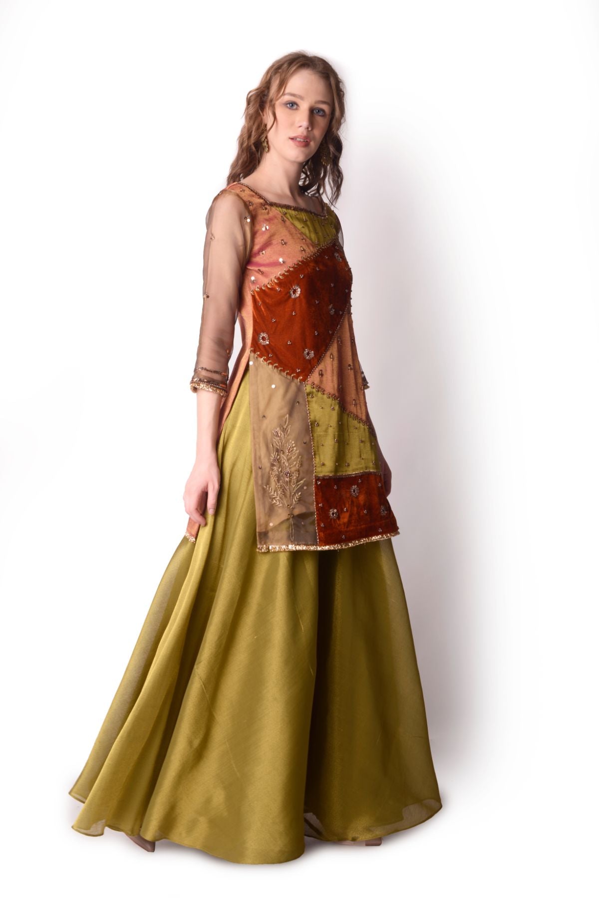 Patchwork Tissue Kurta Paired With Tissue Sharara Set