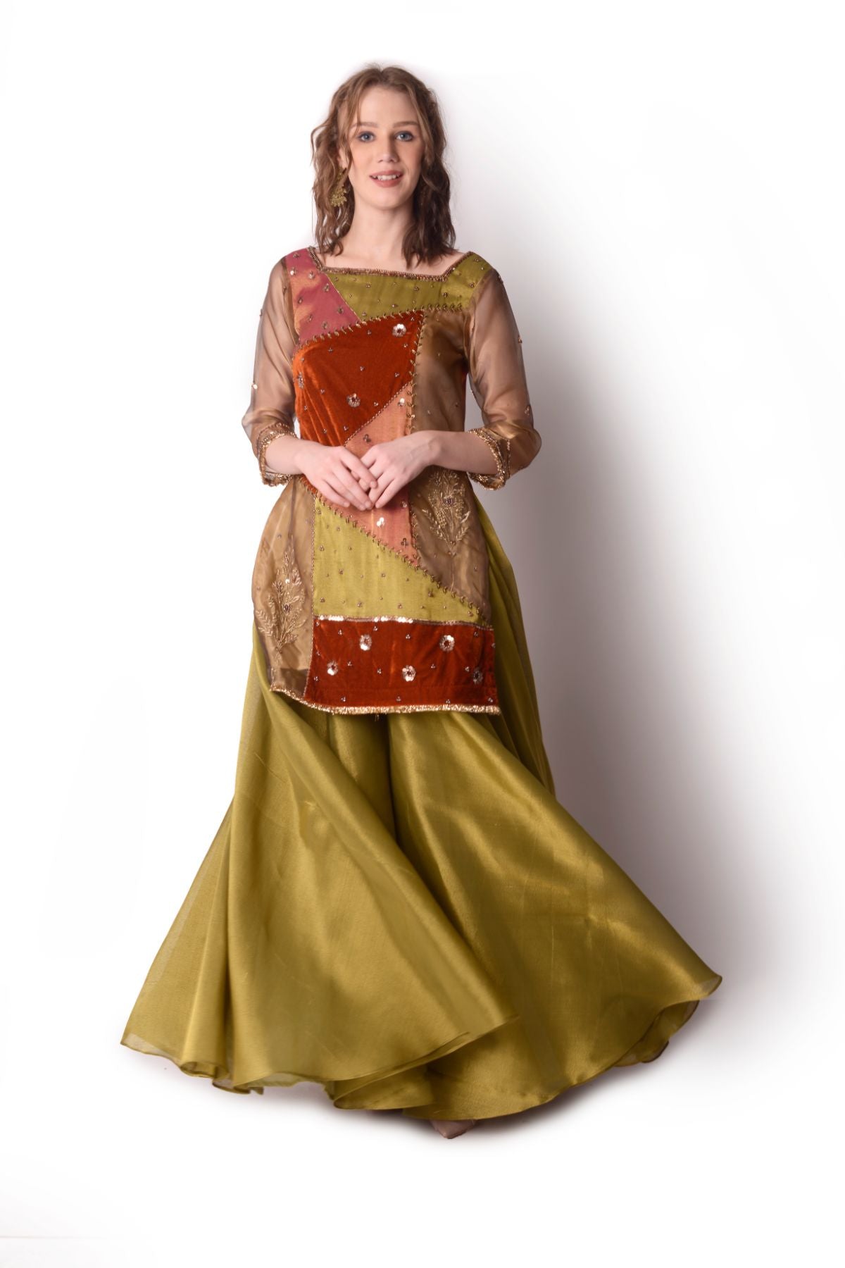 Patchwork Tissue Kurta Paired With Tissue Sharara Set