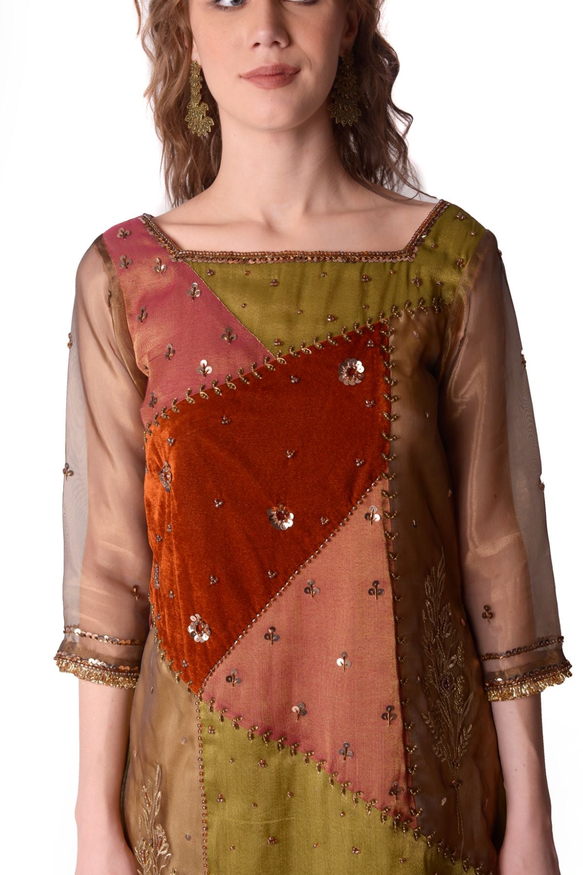 Patchwork Tissue Kurta Paired With Tissue Sharara Set
