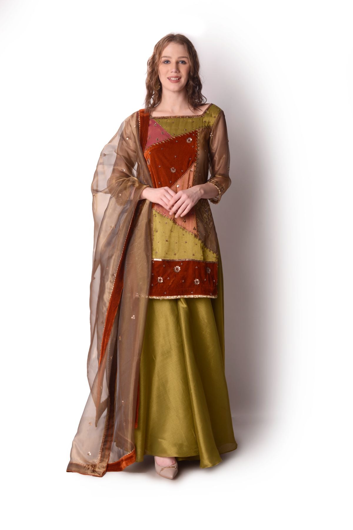 Patchwork Tissue Kurta Paired With Tissue Sharara Set