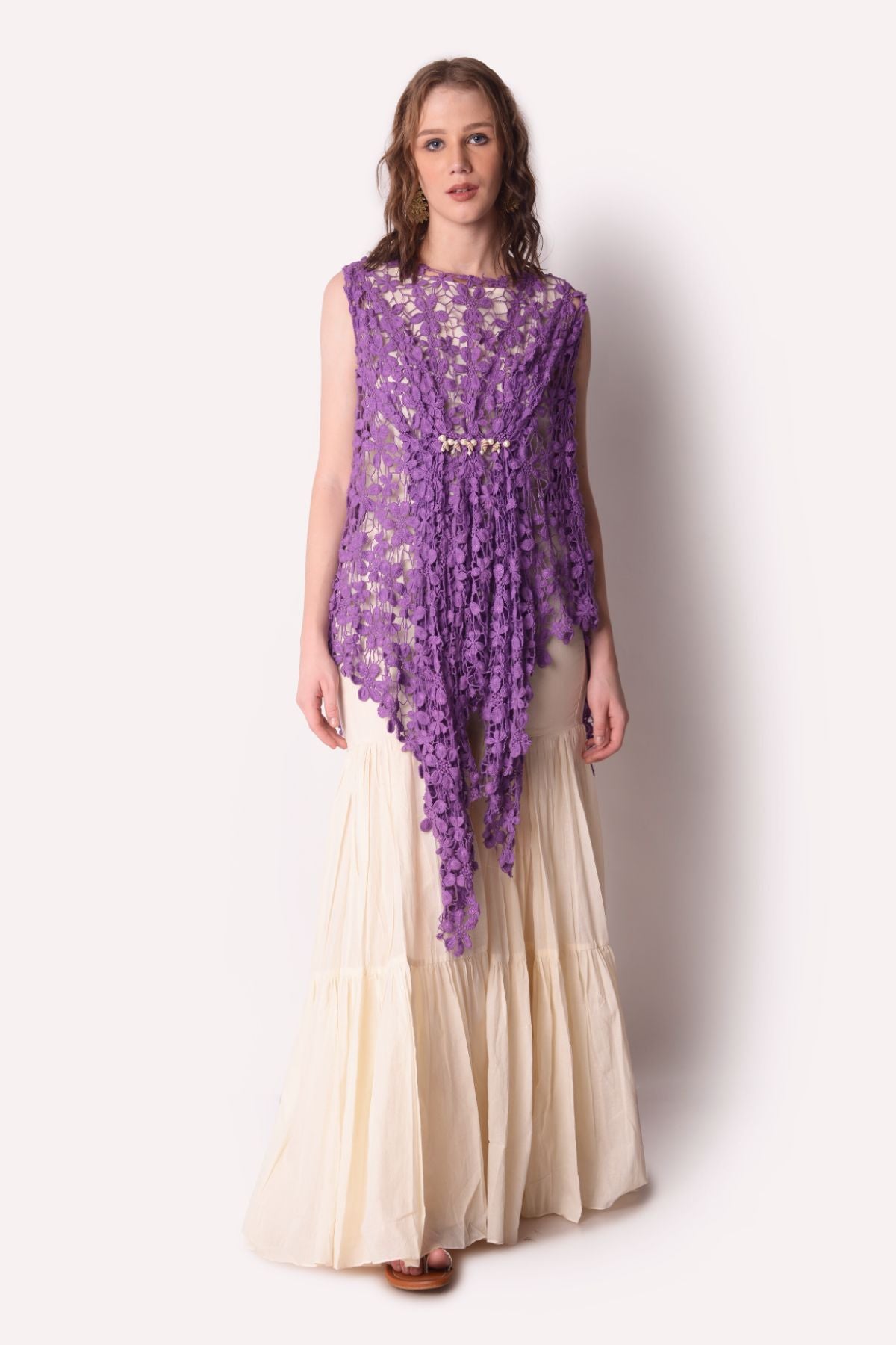 Cutwork Drape Top With Sharara Set