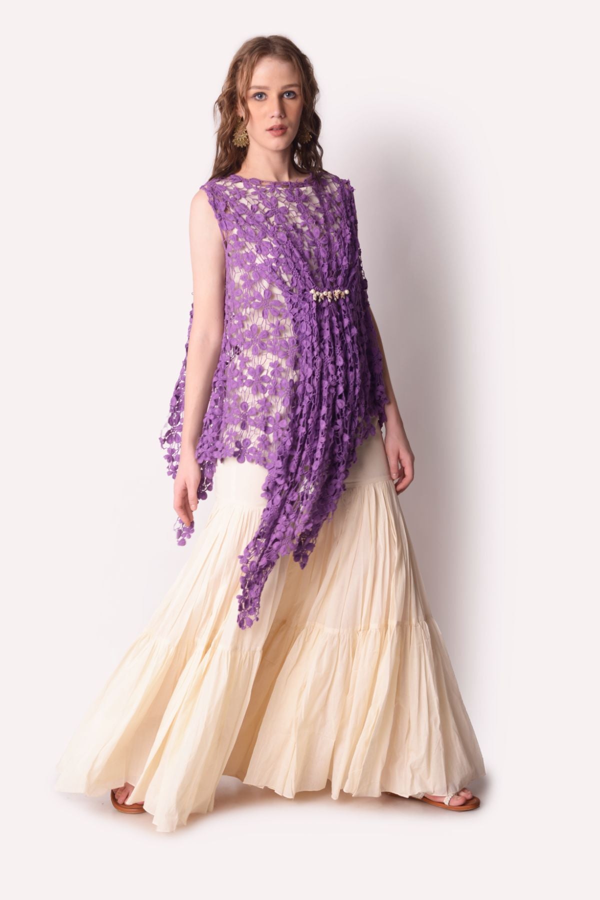 Cutwork Drape Top With Sharara Set