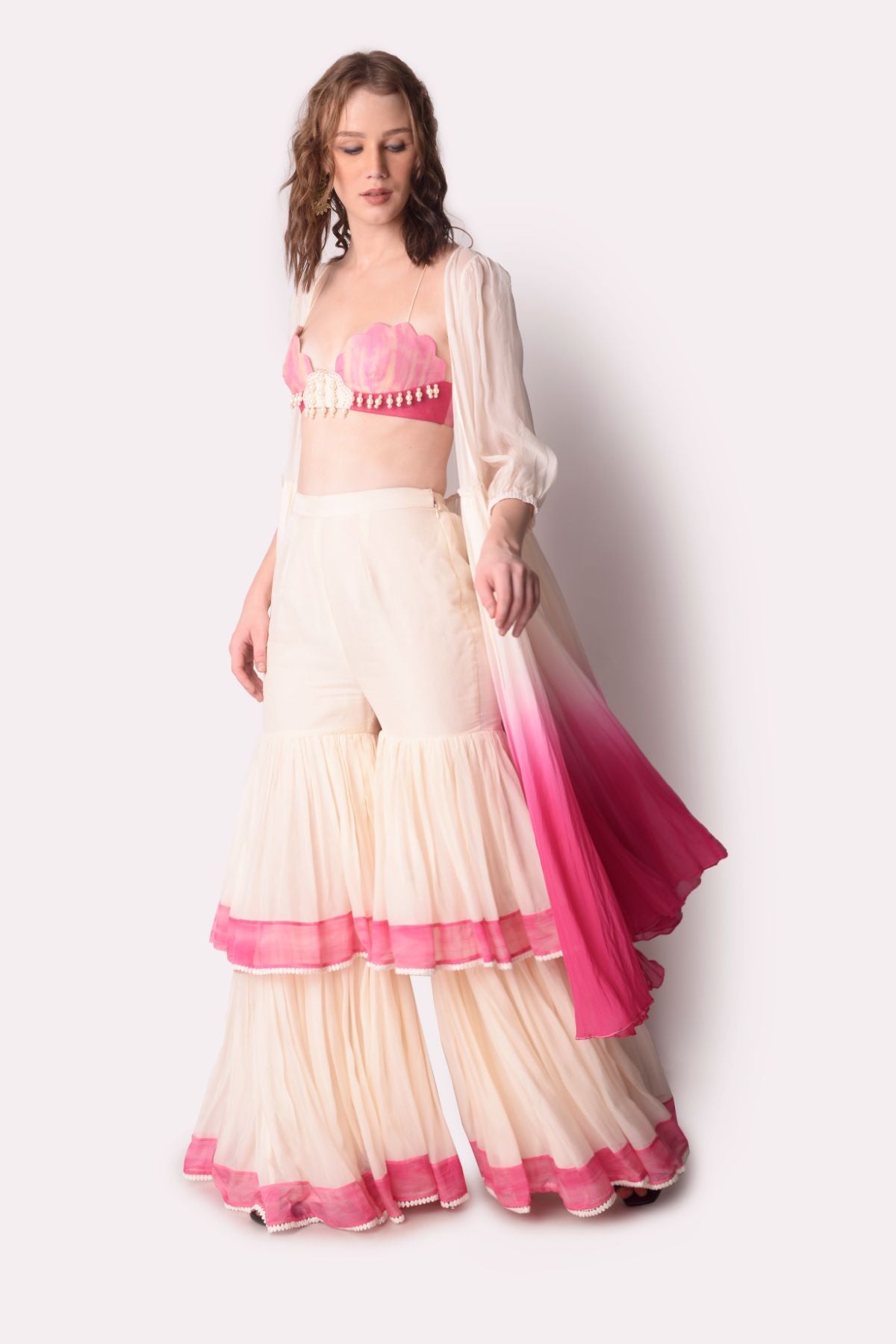 Ombre Jacket With Tie-dye Patchwork Bustier And Sharara