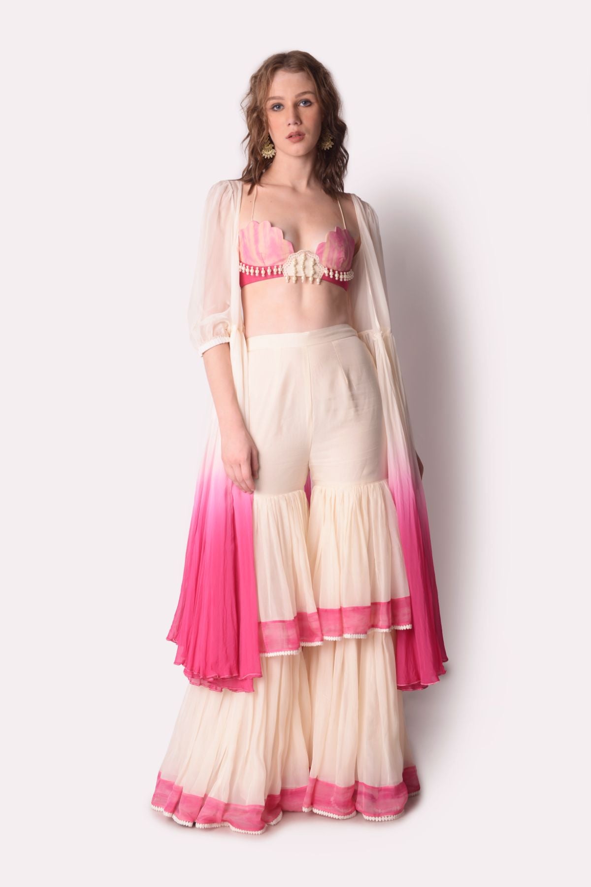 Ombre Jacket With Tie-dye Patchwork Bustier And Sharara