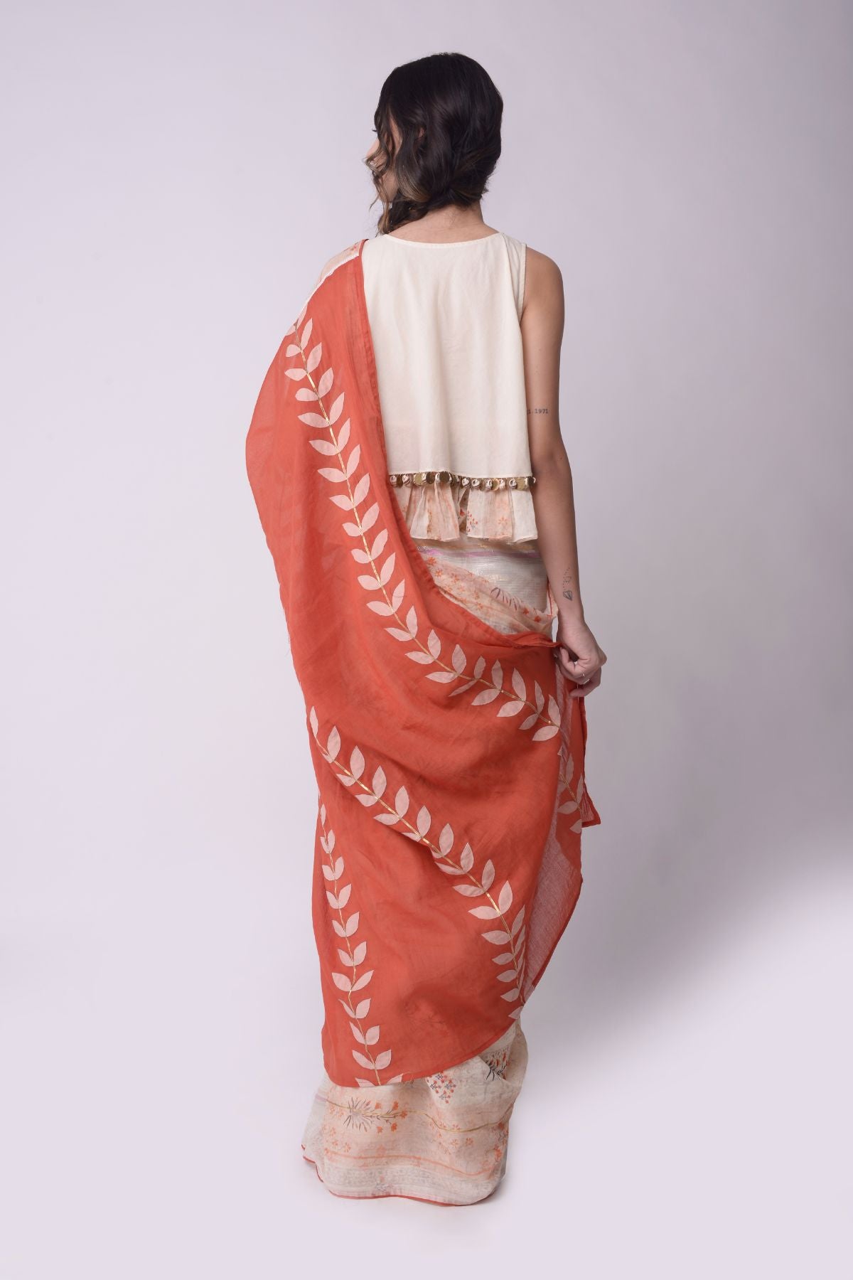 Printed Appliqué Saree With A Flared Crop Top