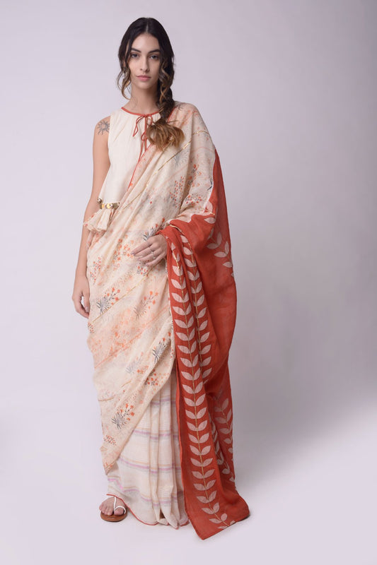 Printed Appliqué Saree With A Flared Crop Top