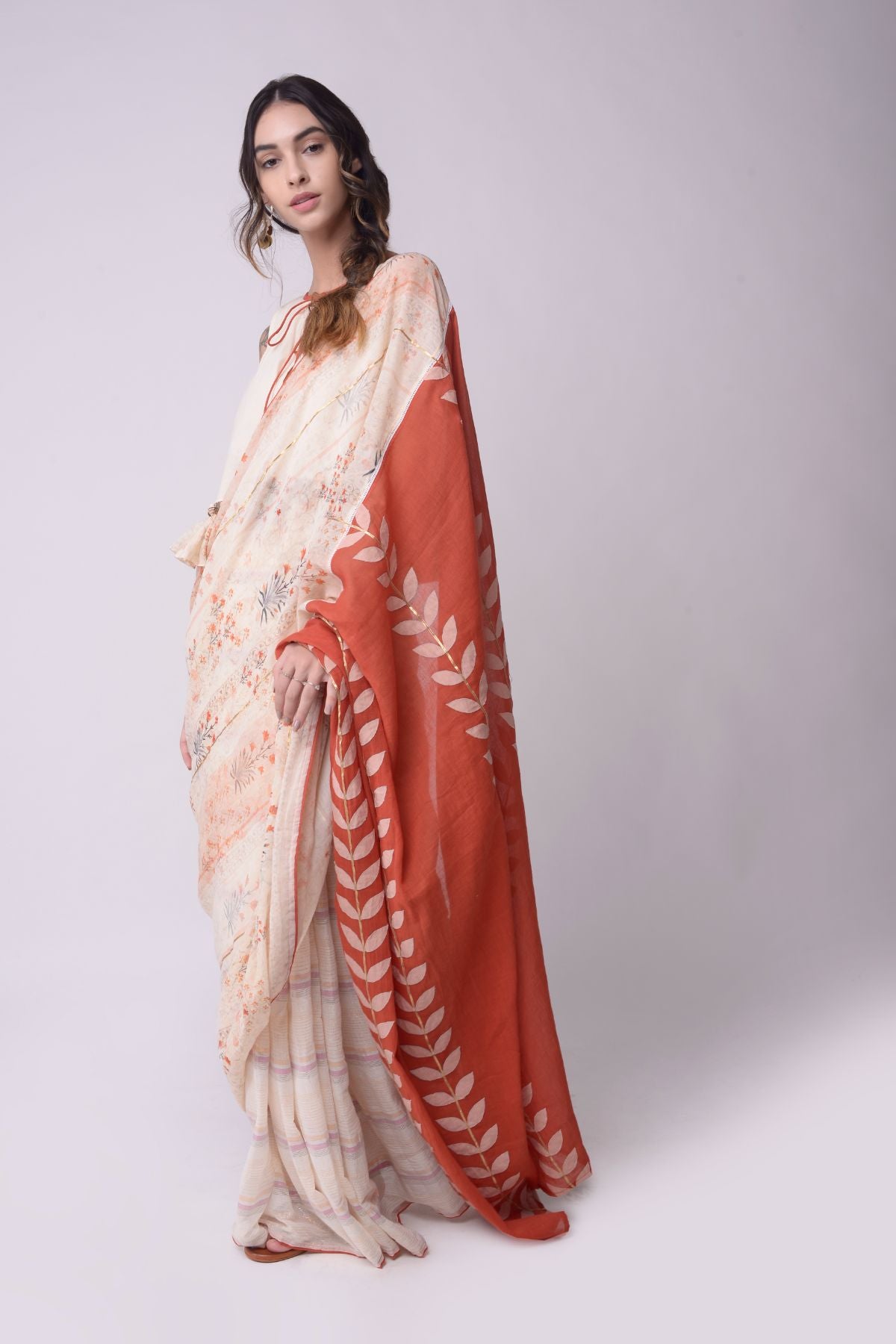 Printed Appliqué Saree With A Flared Crop Top