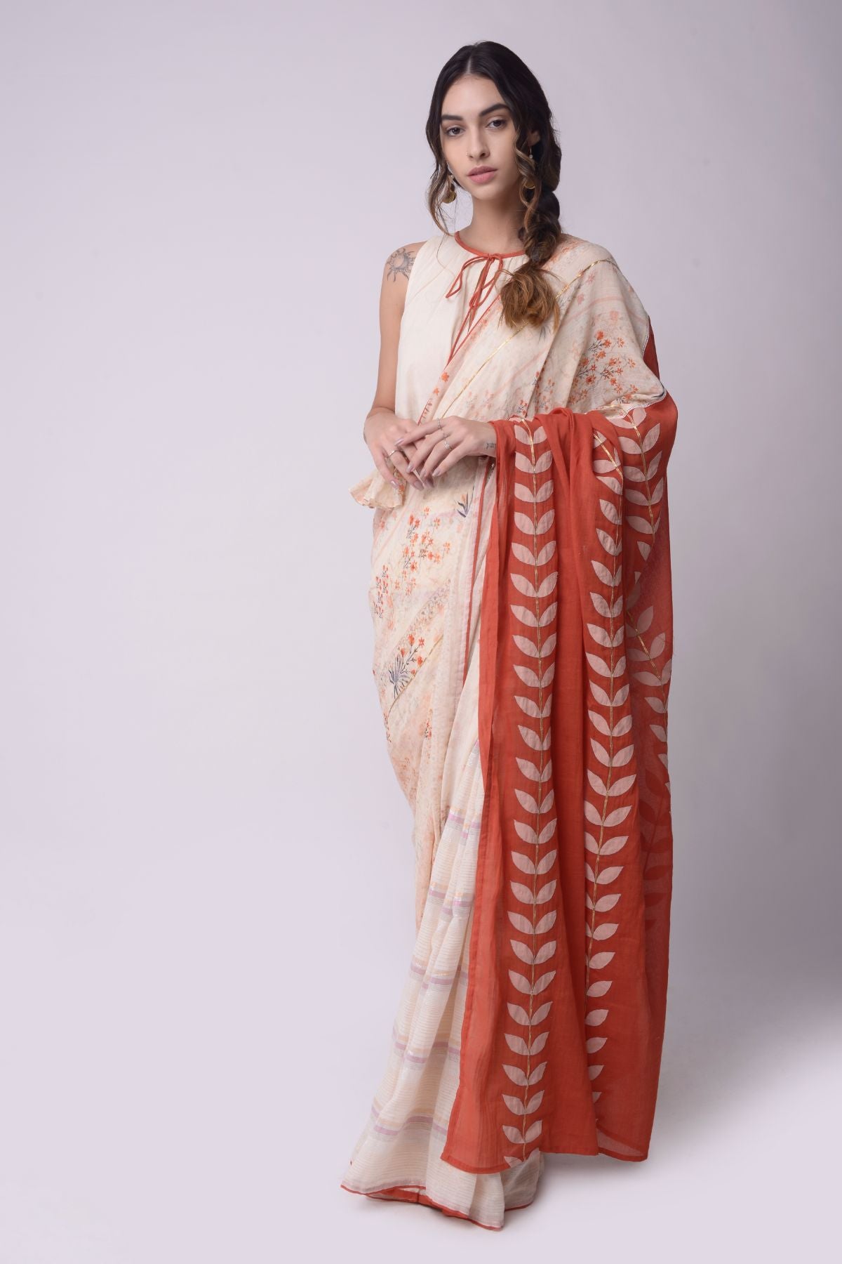Printed Appliqué Saree With A Flared Crop Top