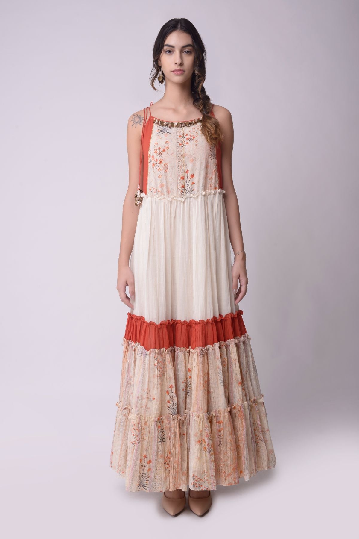 Printed Tiered Dress With Drawstrings Details