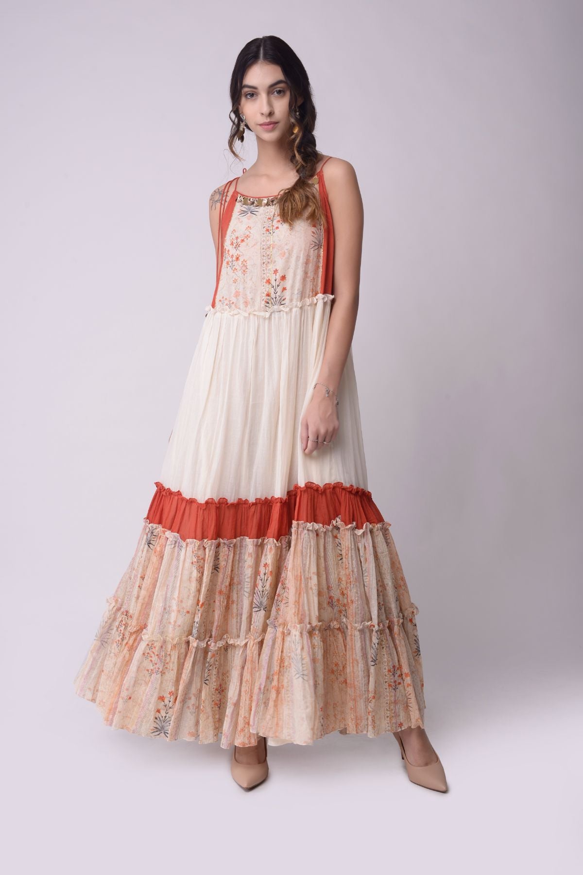 Printed Tiered Dress With Drawstrings Details