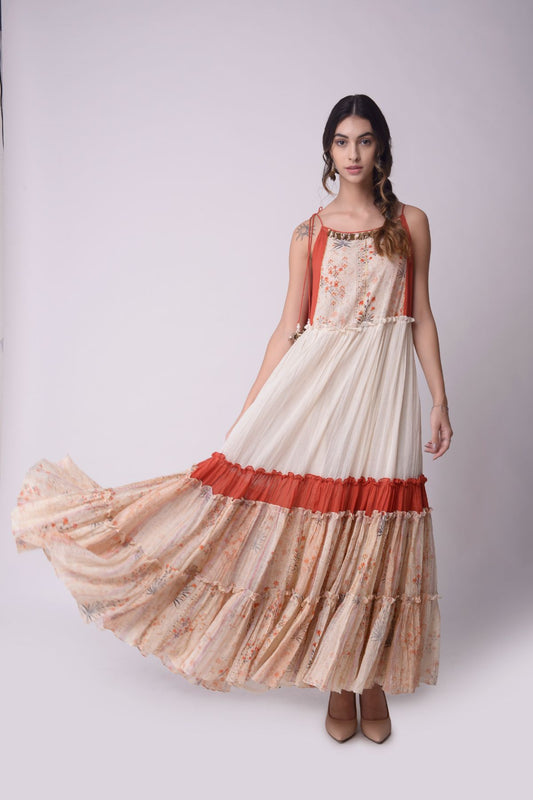 Printed Tiered Dress With Drawstrings Details