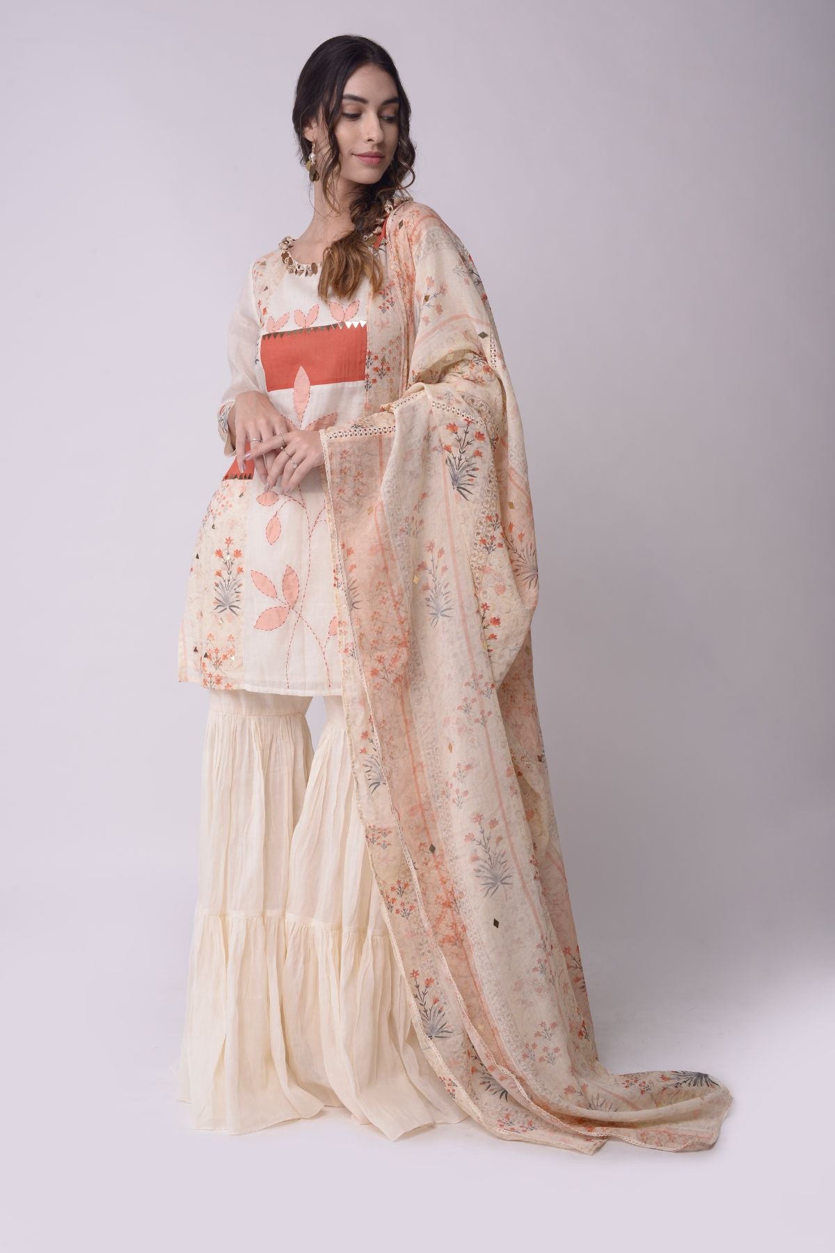 Patchwork Short Kurta With Tiered Sharara And Dupatta