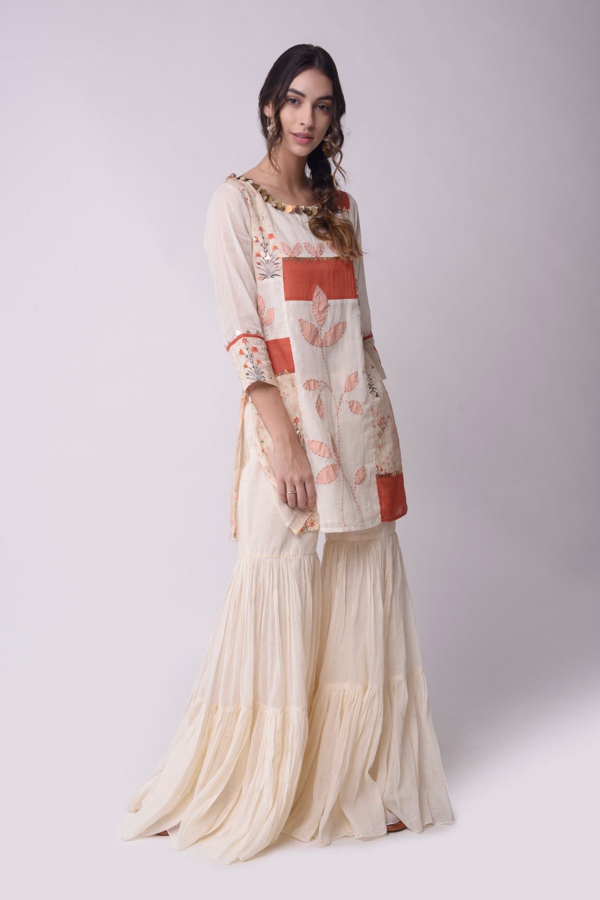Patchwork Short Kurta With Tiered Sharara And Dupatta