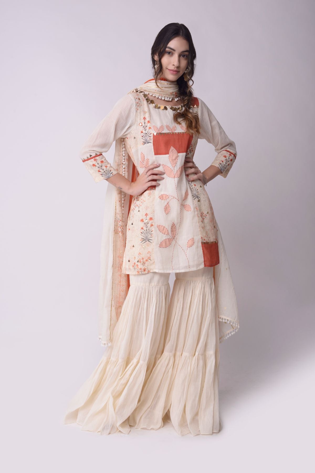 Patchwork Short Kurta With Tiered Sharara And Dupatta