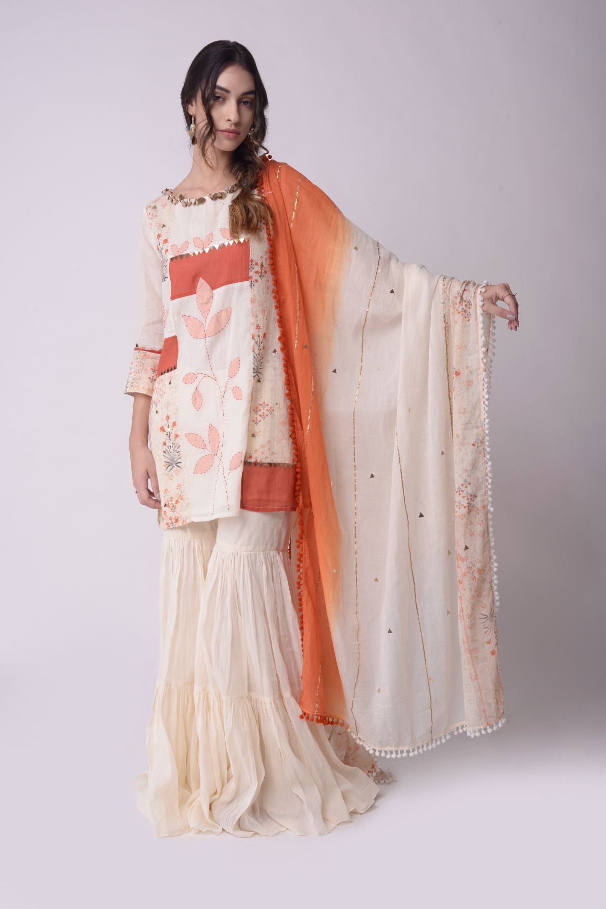 Patchwork Short Kurta With Tiered Sharara And Dupatta