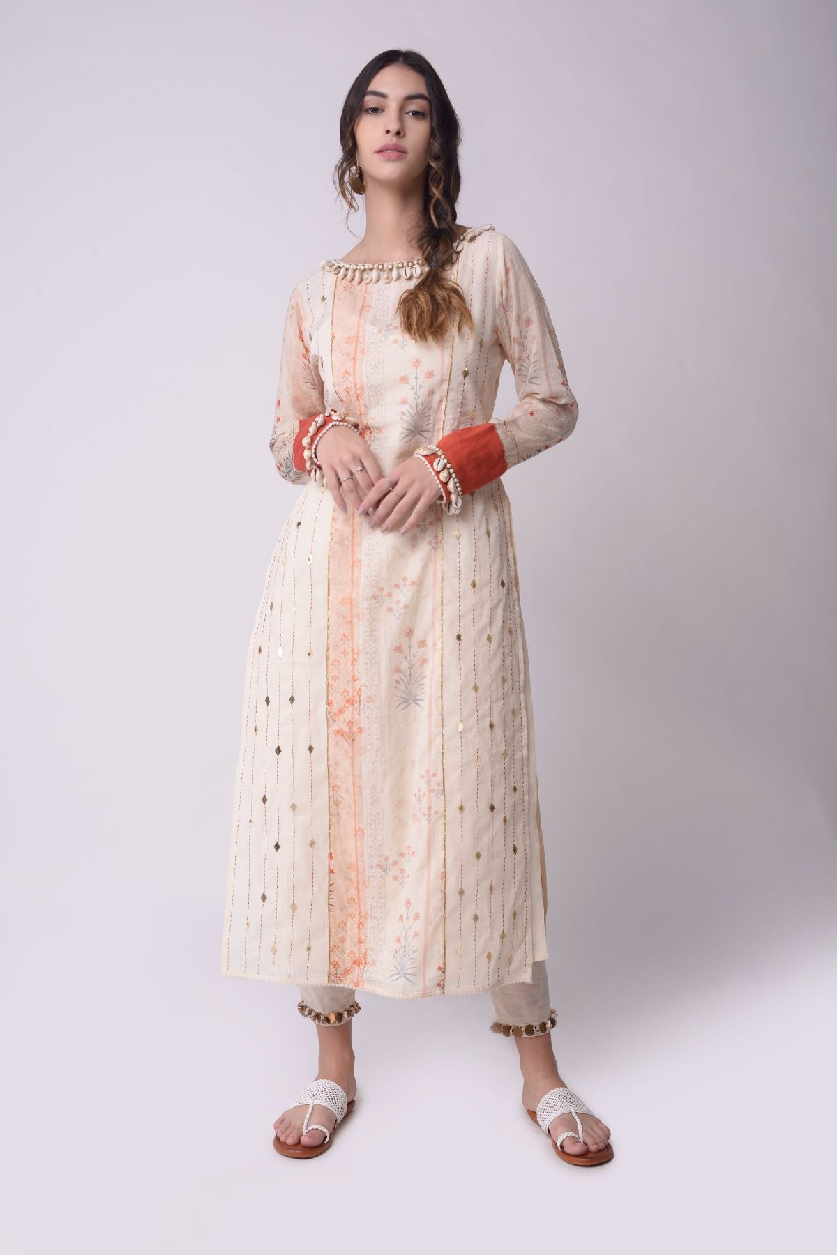 Printed Panel Straight Kurta With Cropped Pants And Dupatta.