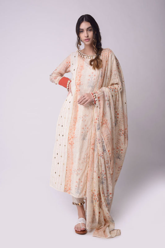 Printed Panel Straight Kurta With Cropped Pants And Dupatta.