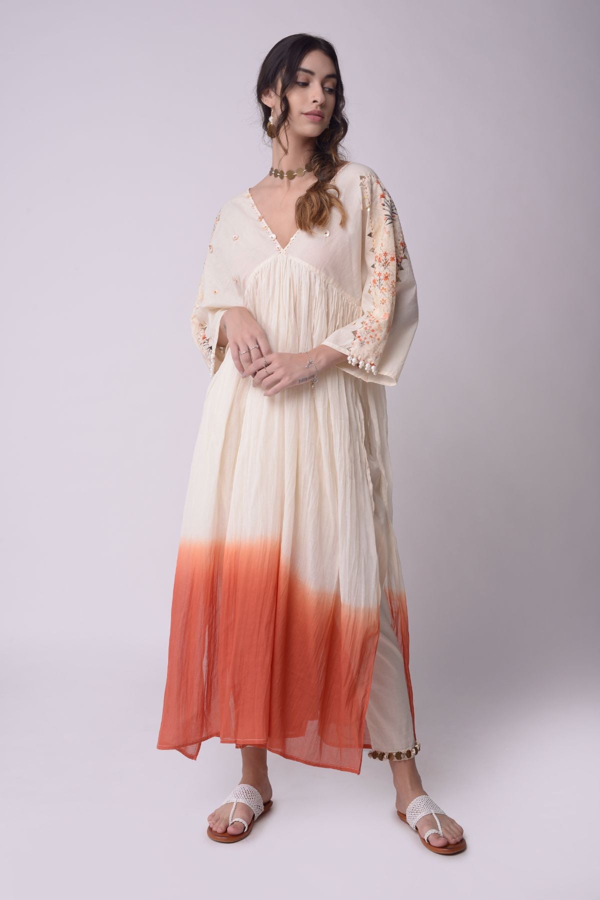 Ombre Kaftan Kurta With Cropped Pants And Patch Dupatta.