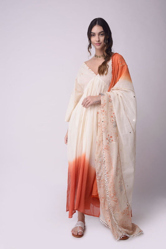 Ombre Kaftan Kurta With Cropped Pants And Patch Dupatta.