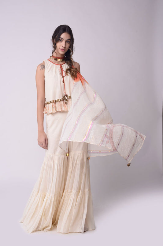 Ivory Flared Crop Top With Tiered Sharara Set