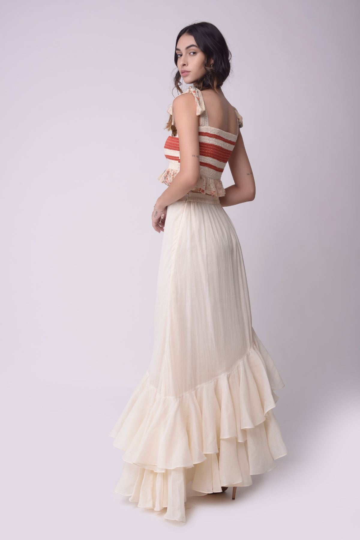 Asymmetrical Ruffle Skirt With Patchwork Smocking Crop Top