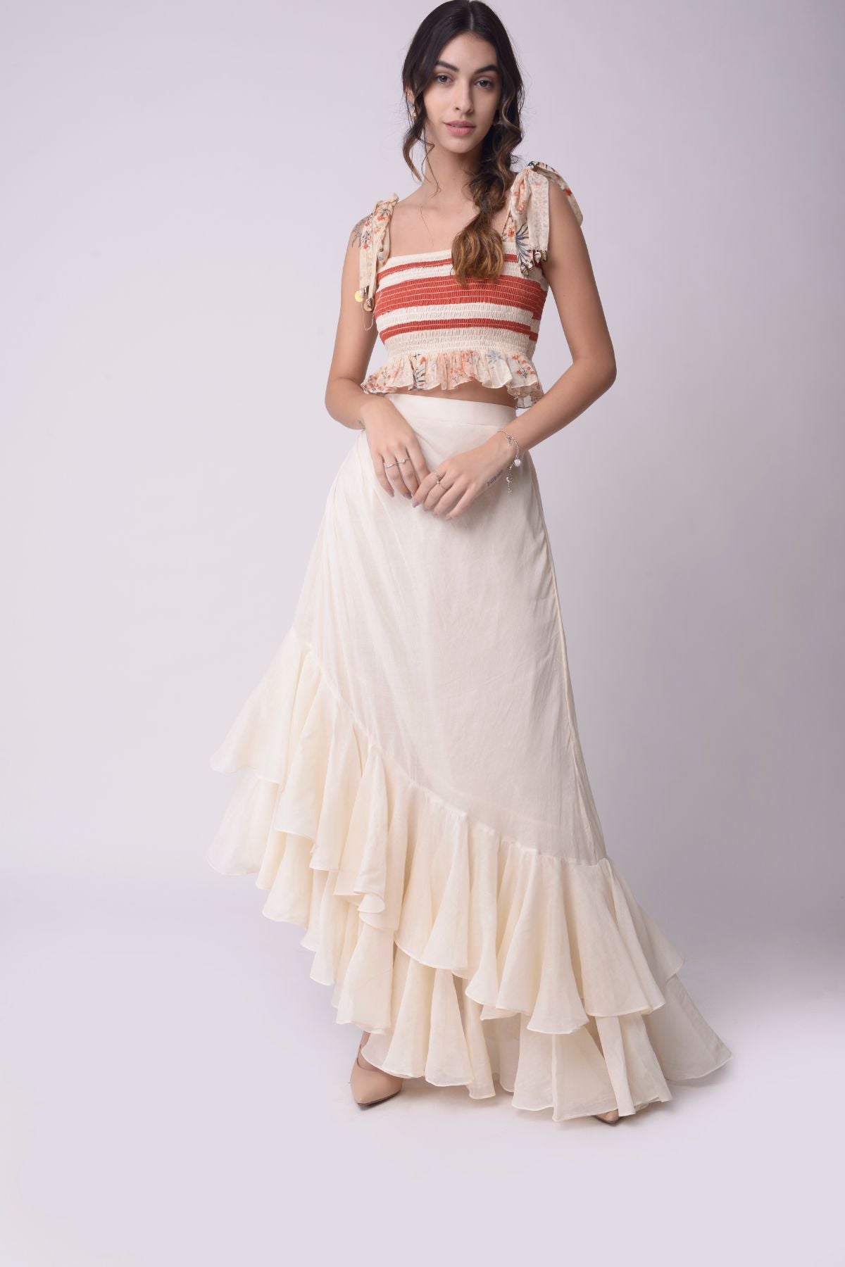 Asymmetrical Ruffle Skirt With Patchwork Smocking Crop Top