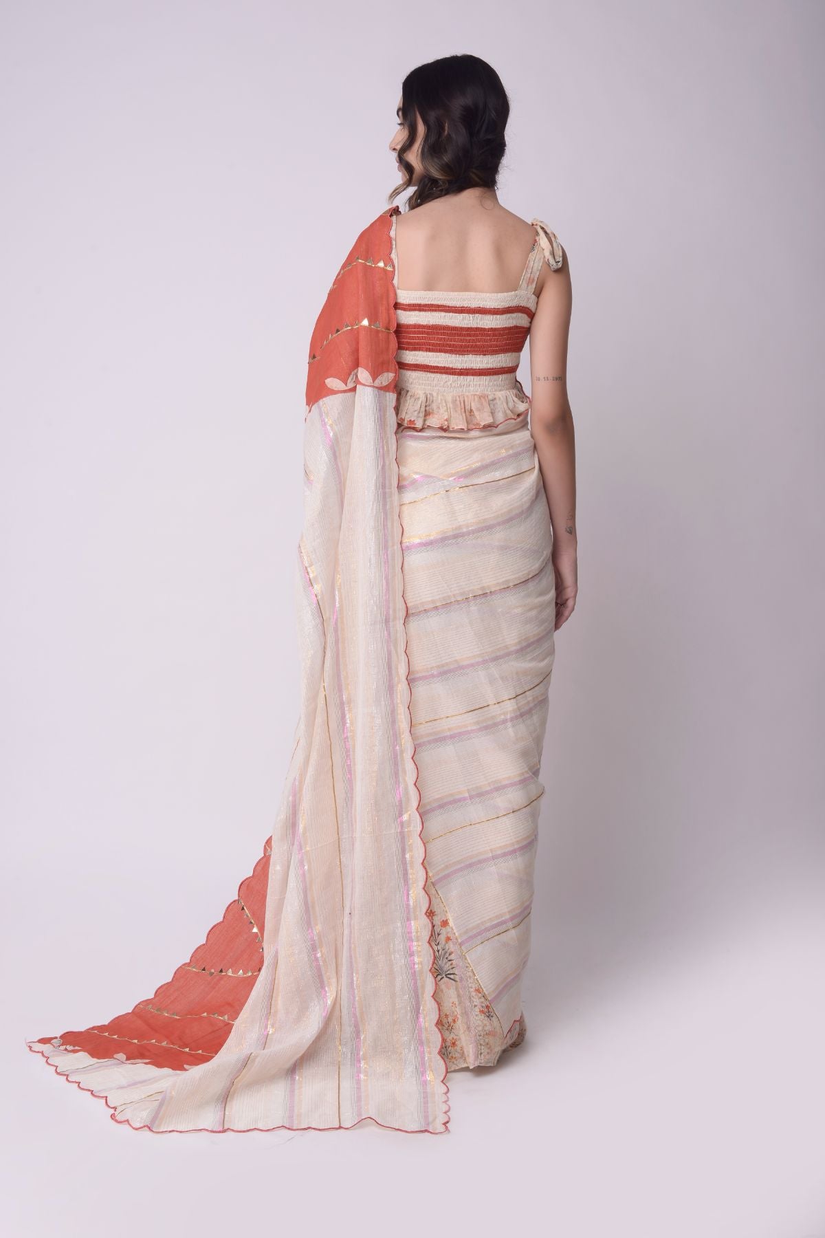 Appliqué Printed Godet Saree With Patchwork Smocking Crop Top.