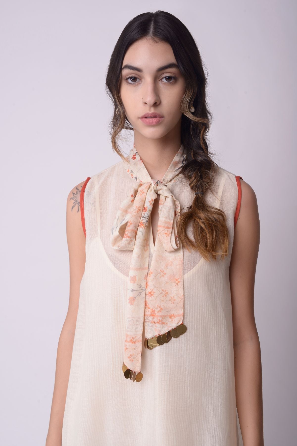 Appliqué A-line Dress With Printed Tie