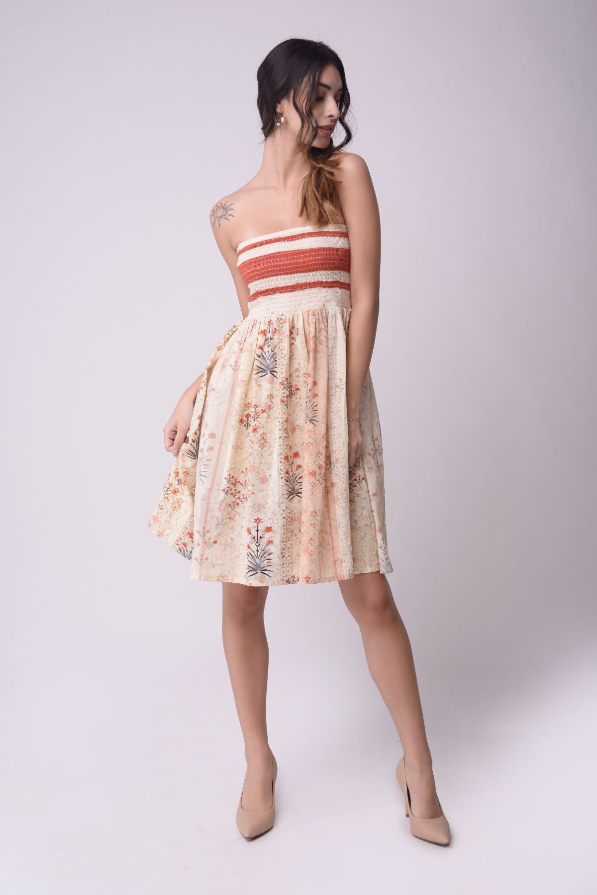 Printed Smocking Tube Dress With Sharara Set