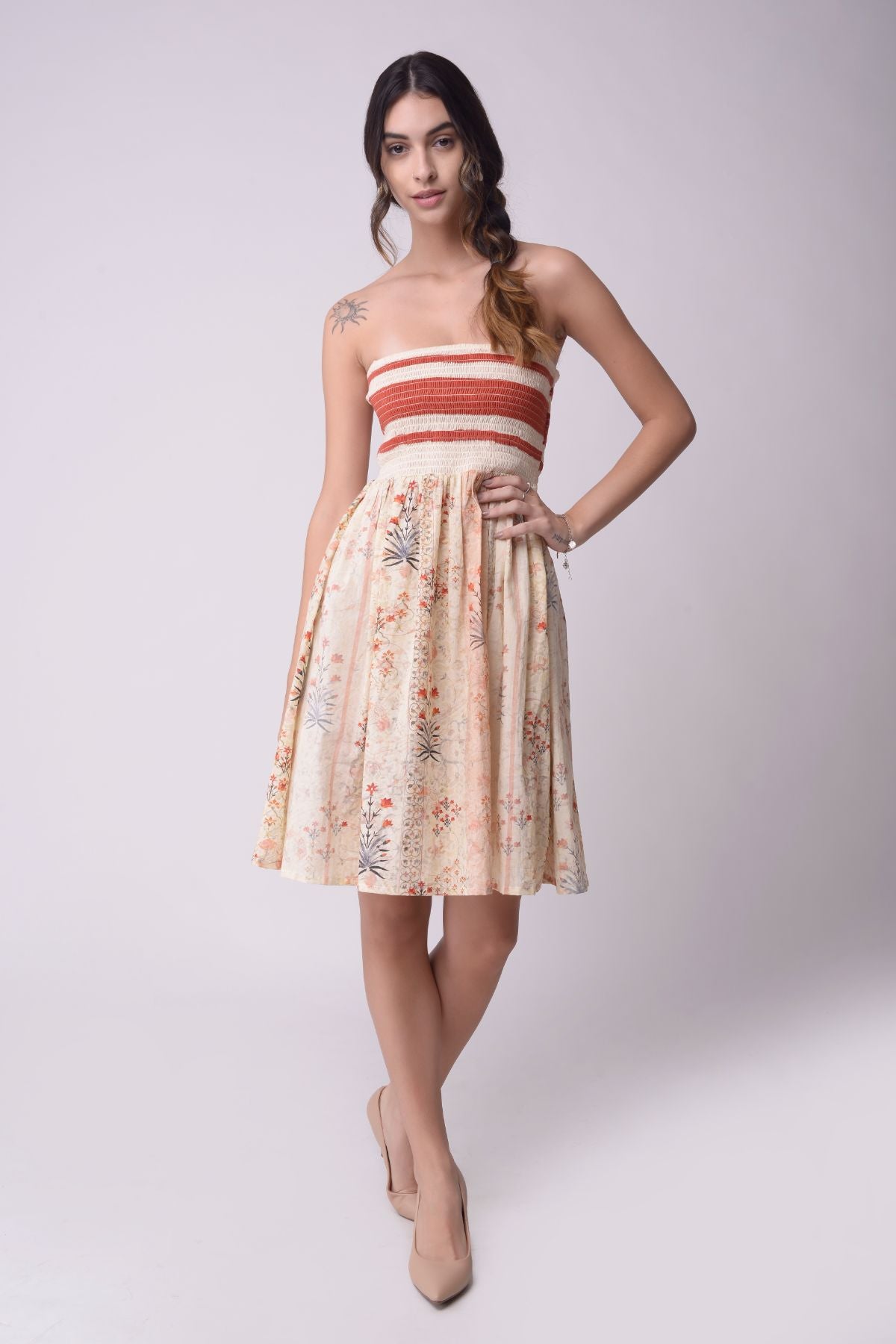 Printed Smocking Tube Dress With Sharara Set