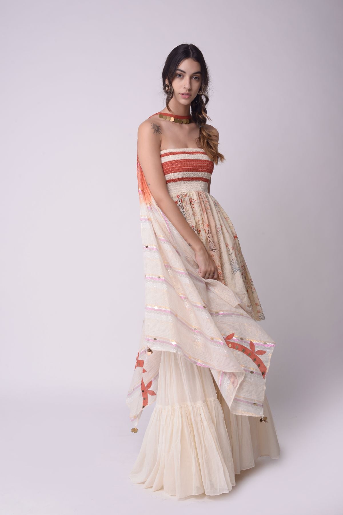Printed Smocking Tube Dress with Sharara Set