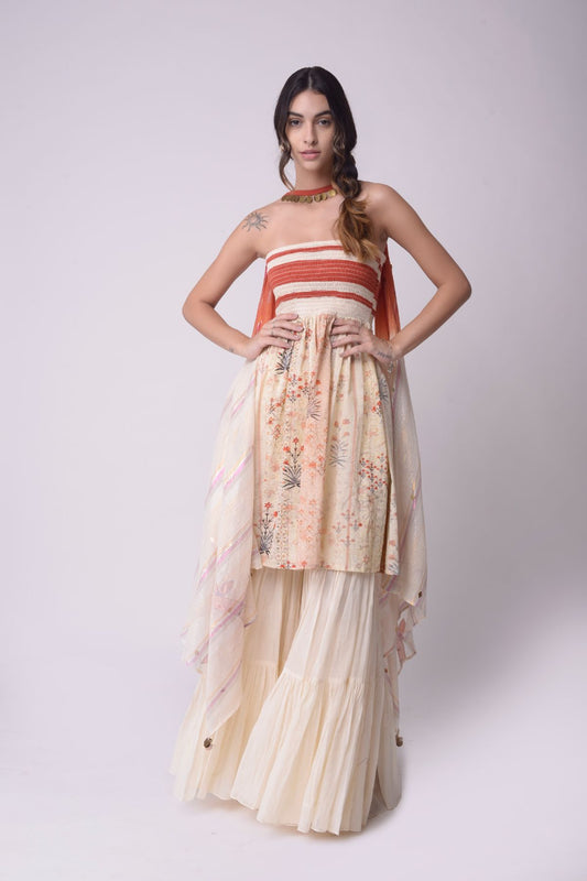 Printed Smocking Tube Dress with Sharara Set