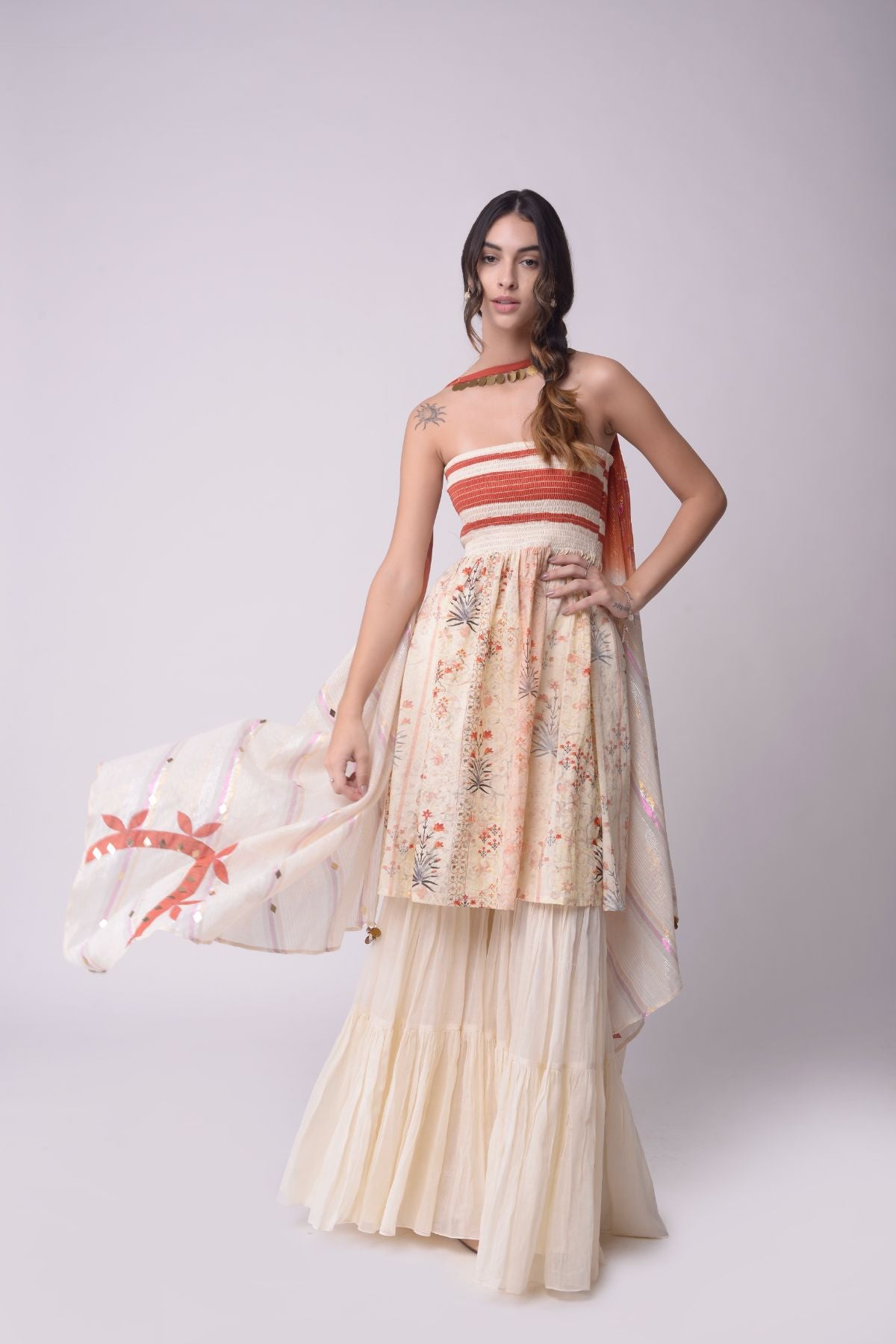 Printed Smocking Tube Dress with Sharara Set
