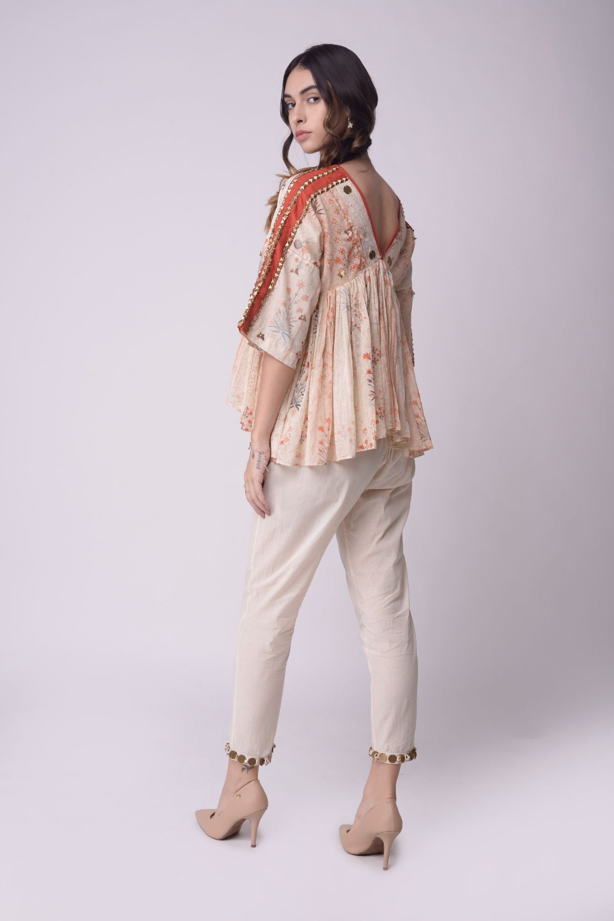 Printed  And Embroidered Gather Top With Cropped Pants