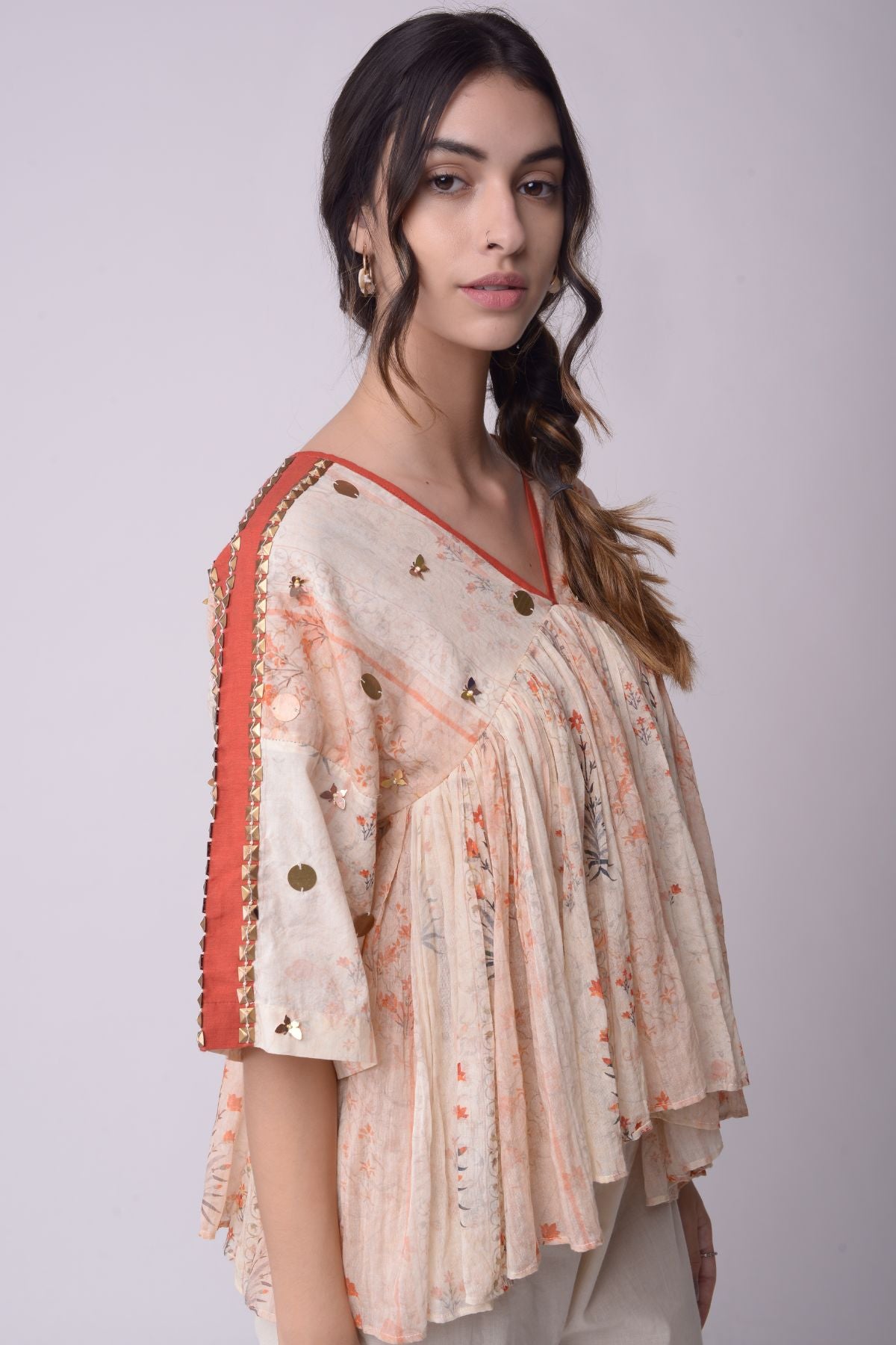 Printed  And Embroidered Gather Top With Cropped Pants