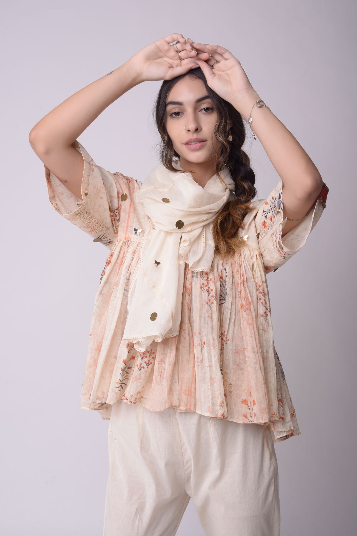 Printed  And Embroidered Gather Top With Cropped Pants