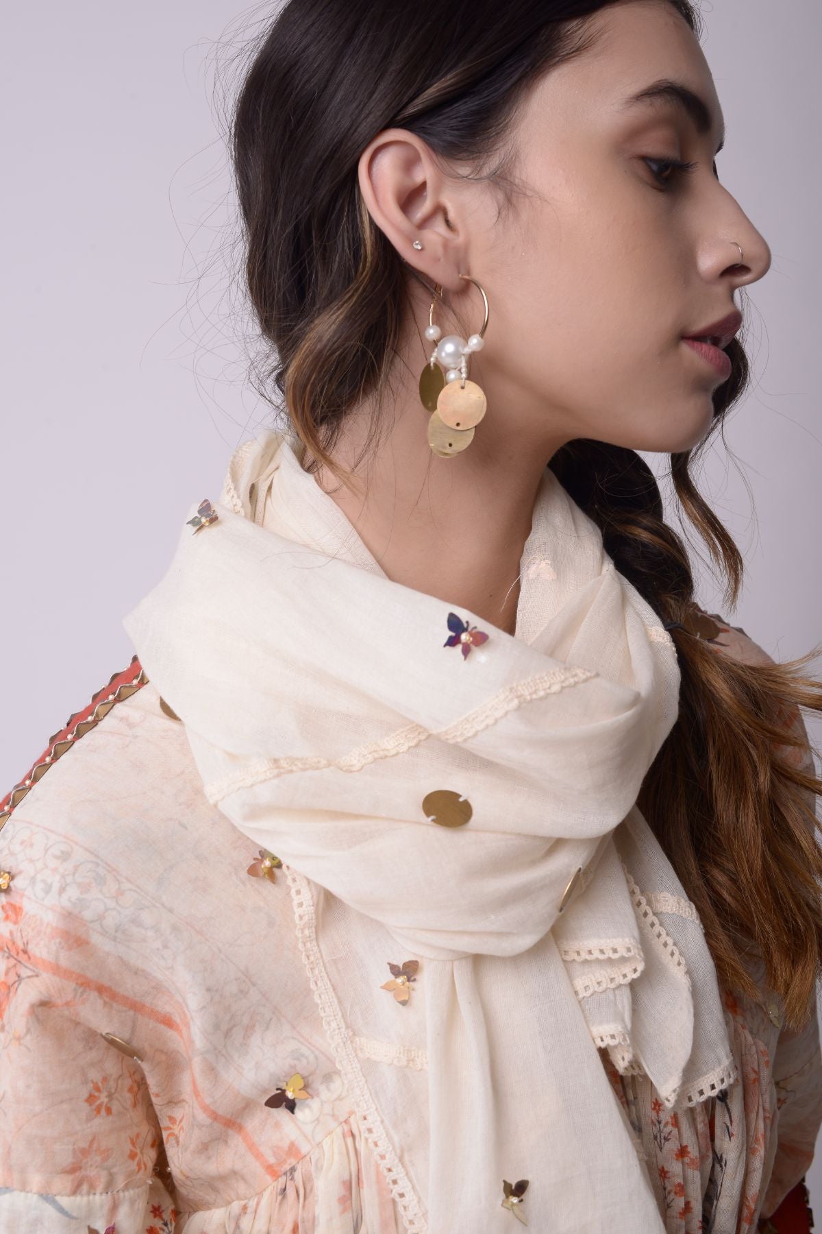 Printed  And Embroidered Gather Top With Cropped Pants