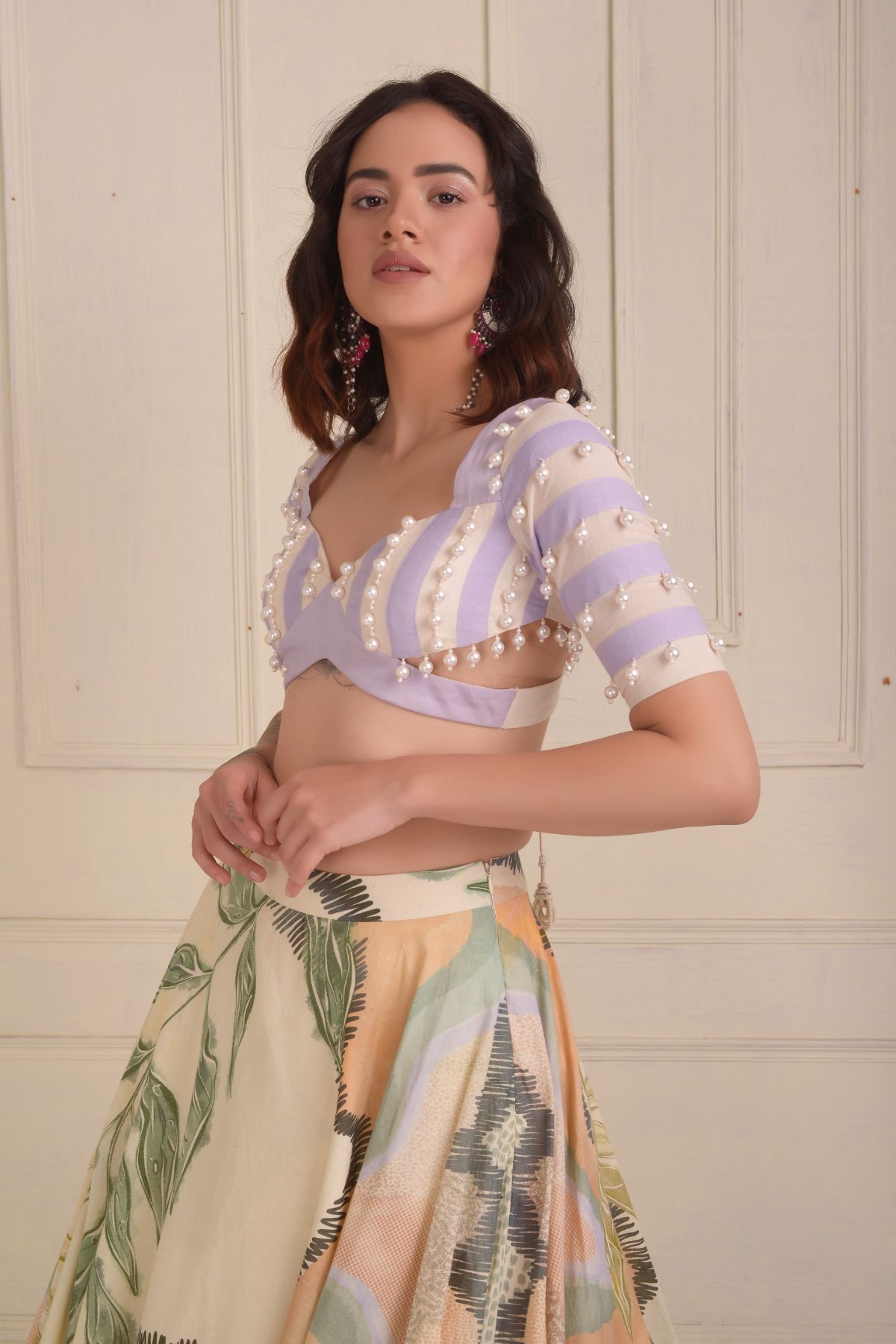 Printed lehenga with a patchwork beaded  blouse