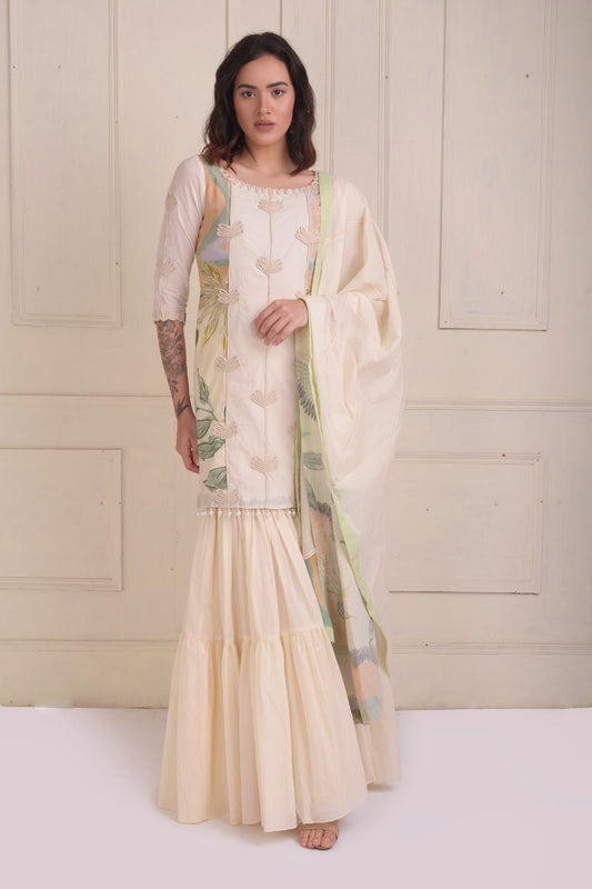 Embroidered short kurta with tiered sharara and dupatta