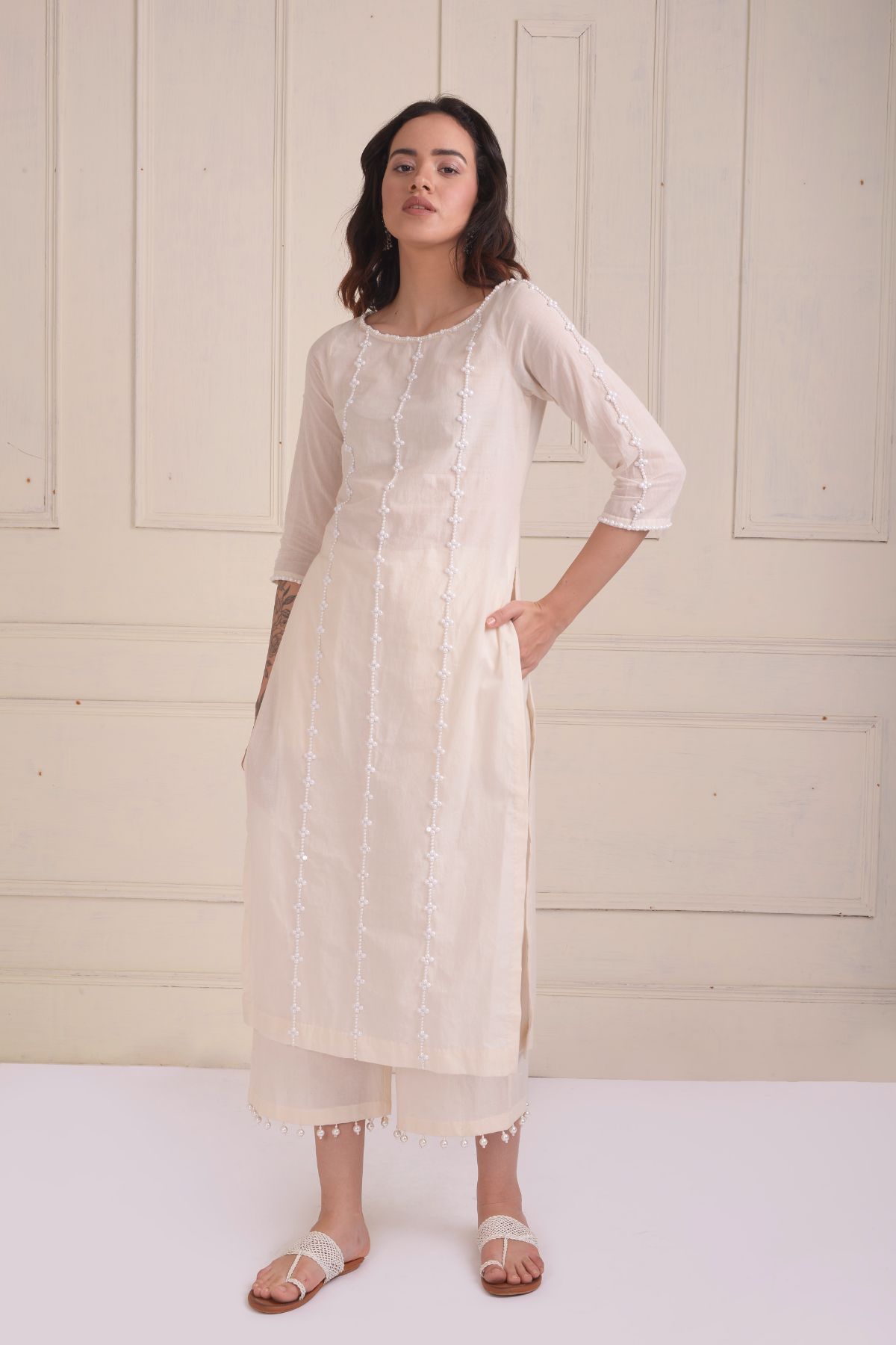 Beadwork kurta with straight cropped pants and printed dupatta