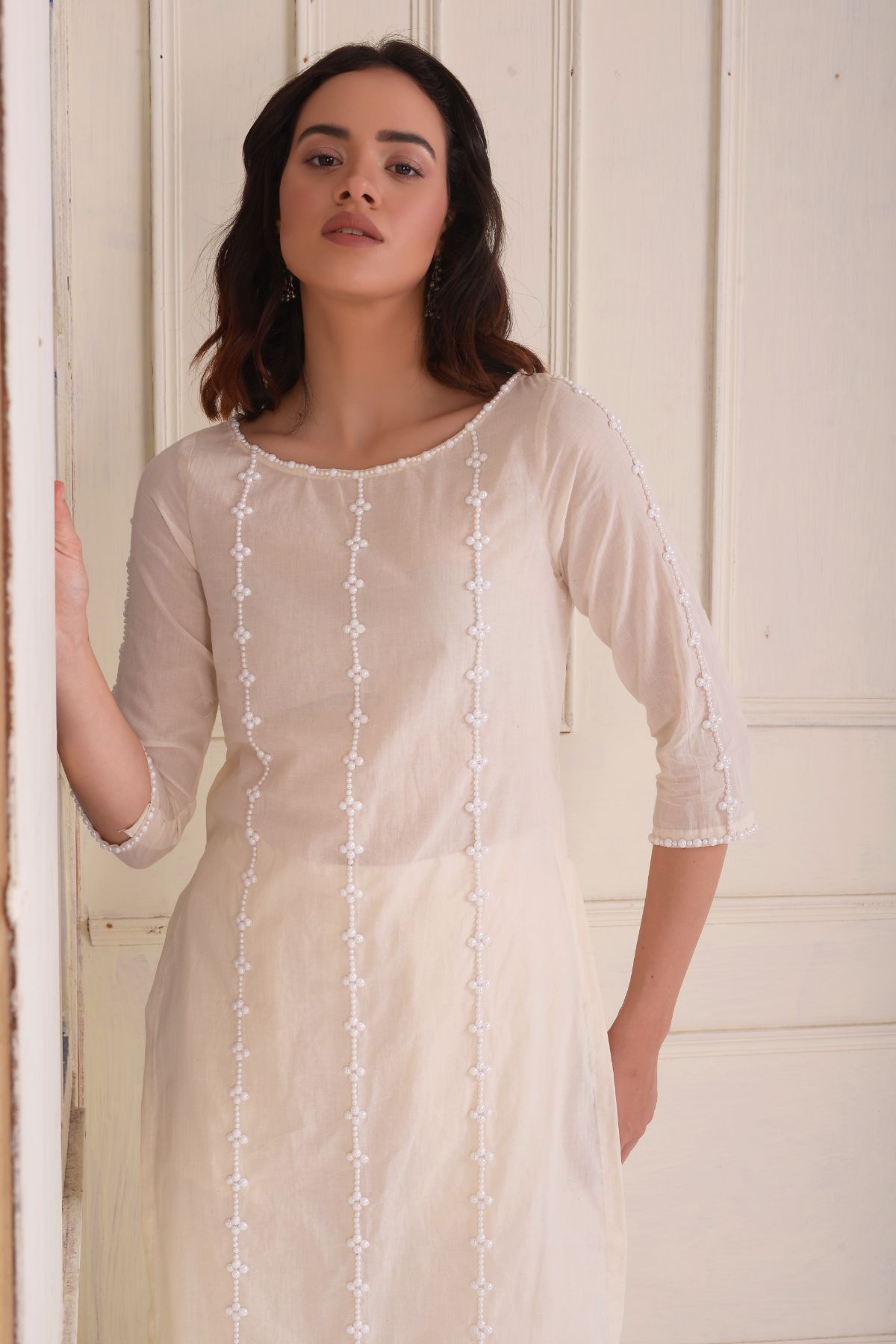 Beadwork kurta with straight cropped pants and printed dupatta